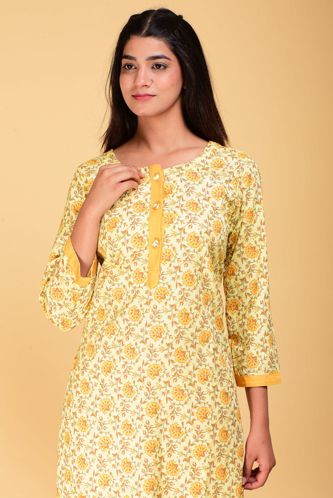 SAINLY Apparel & Accessories S / Yellow Sainly Women Cotton Floral Printed Yellow Kurti With Pant