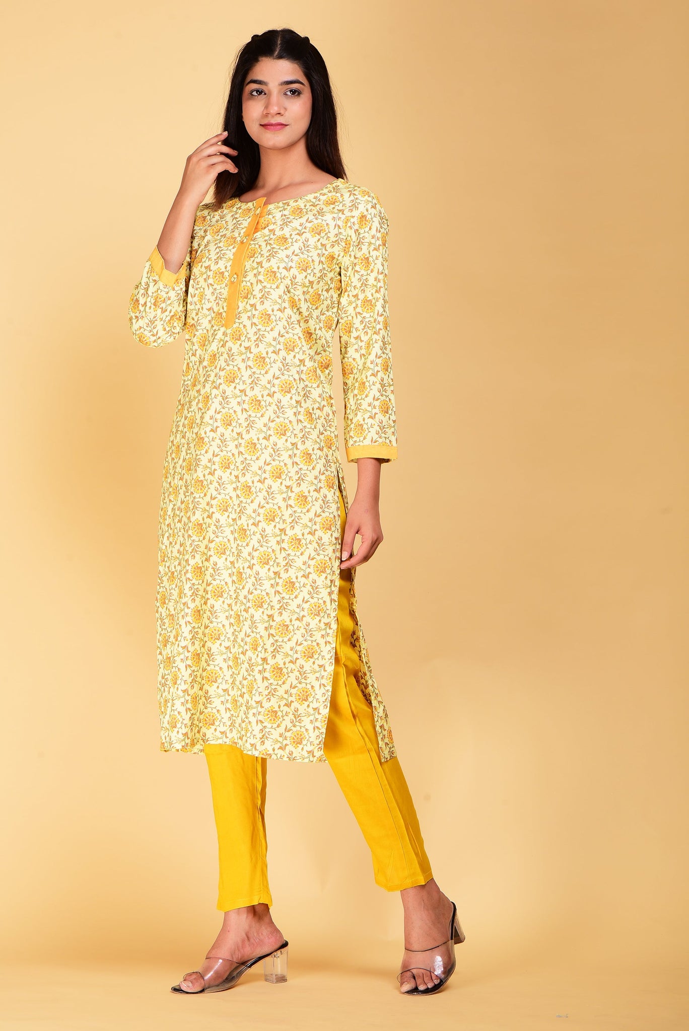 SAINLY Apparel & Accessories Sainly Women Cotton Floral Printed Yellow Kurti With Pant