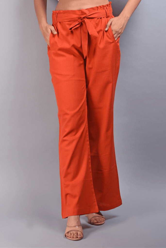 SAINLY Apparel & Accessories Small / Orange Orange Cotton Linen Wide Leg Trousers For Women