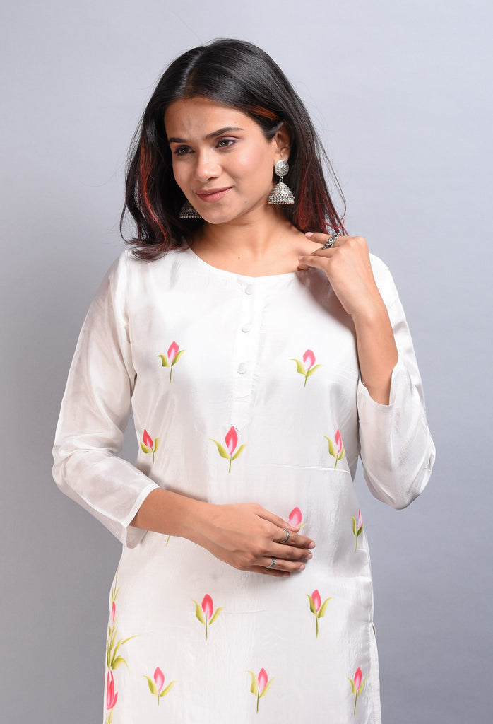 SAINLY Apparel & Accessories Small / White White Hand Painted Upada Kurta with Raw Silk Pants - Set of 2