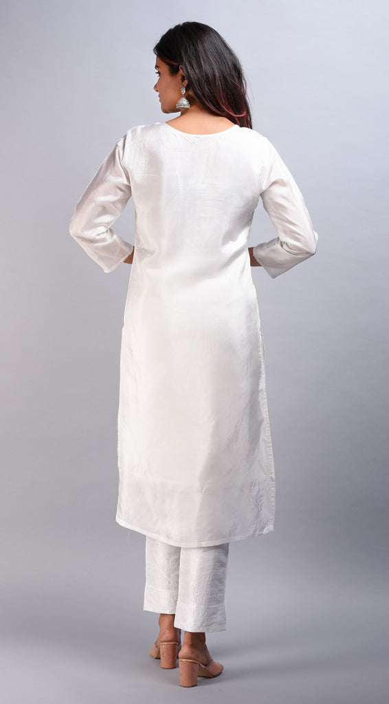 SAINLY Apparel & Accessories White Hand Painted Upada Kurta with Raw Silk Pants - Set of 2