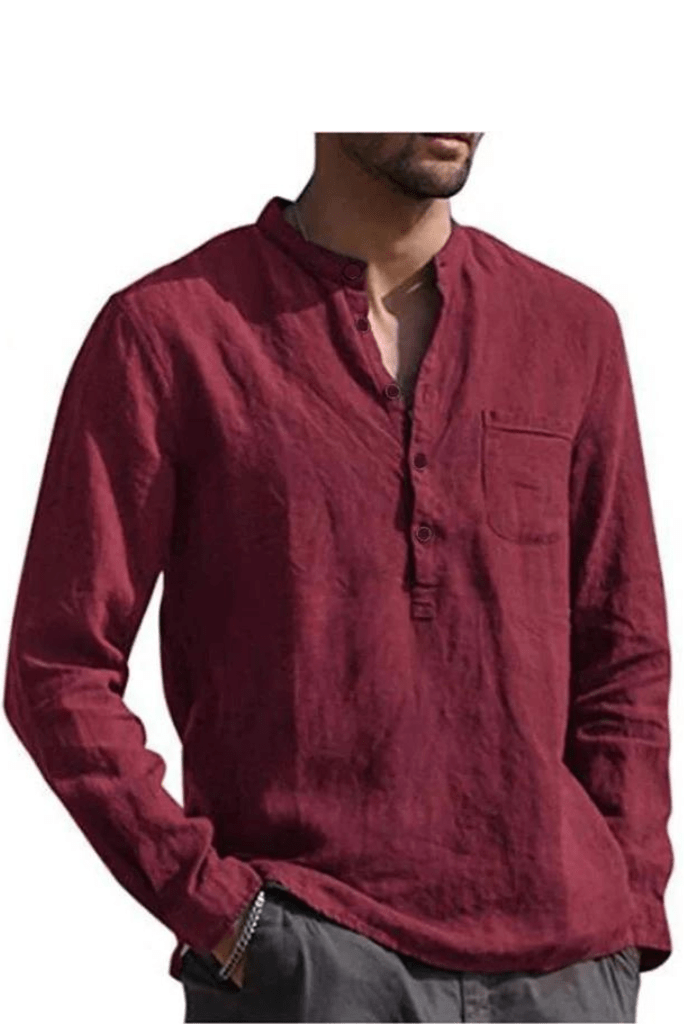 SAINLY Apparel & Accessories Wine / Small Men's Long-Sleeved Shirts Summer Solid Color Stand-Up Collar Casual Beach Style
