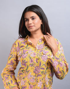 SAINLY Apparel & Accessories Yellow / S Women Hand Block Printed Floral Cotton Ladies Shirt Blouse Summer Top