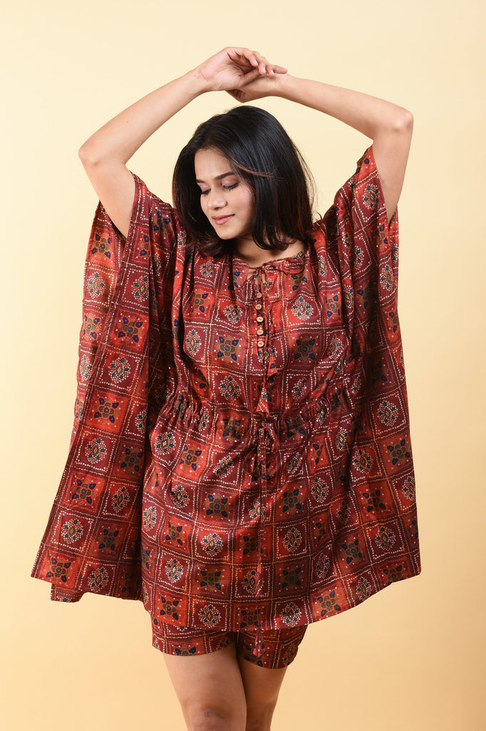 SAINLY Kaftan S / Free Size Kaftan with Short in Cotton Silk Fabric Lounge Wear Kaftaan Set