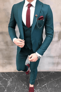 SAINLY Men's Three Piece Suit 32 / 26 Bespoke Tailoring Green Designer 3 Piece Slim Fit Suit for Men