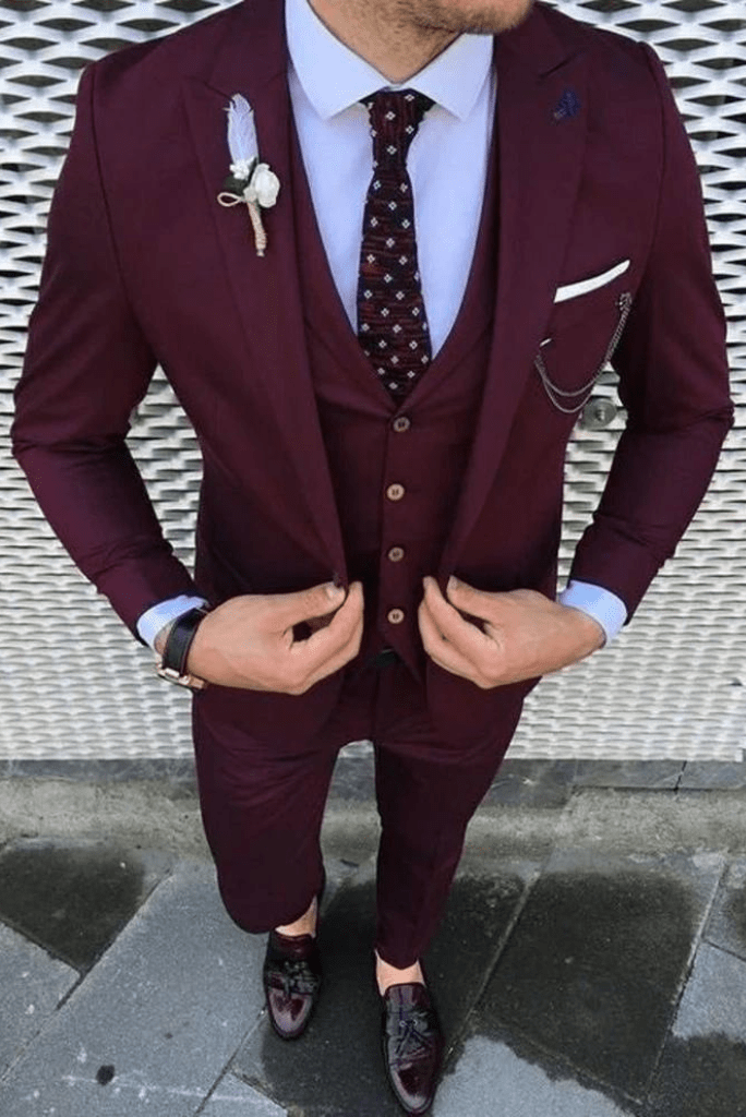 Wine Cantabil Three Piece Suit Men Wine Solid Partywear Band