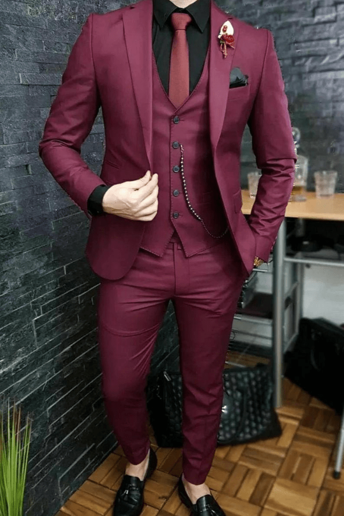 SAINLY Men's Three Piece Suit 32 / 26 Burgundy 3 Piece Slim Fit Suit For Men Bespoke Tailoring