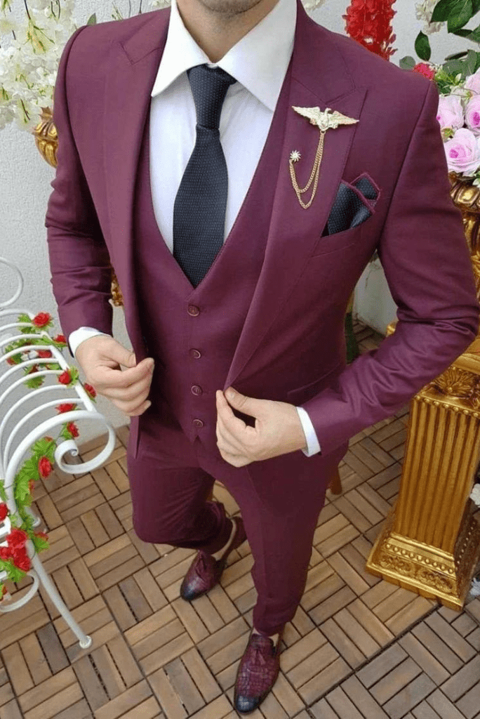 SAINLY Men's Three Piece Suit 32 / 26 Maroon Men 3 Piece Slim Fit Suit For Bespoke Tailoring