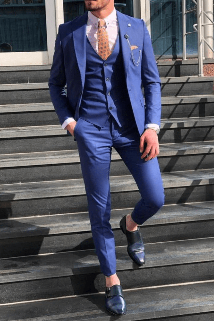 SAINLY Men's Three Piece Suit 32 / 26 Men's Blue 3 Piece Slim Fit Suit with Pick Stitching Bespoke Tailoring wedding Suits