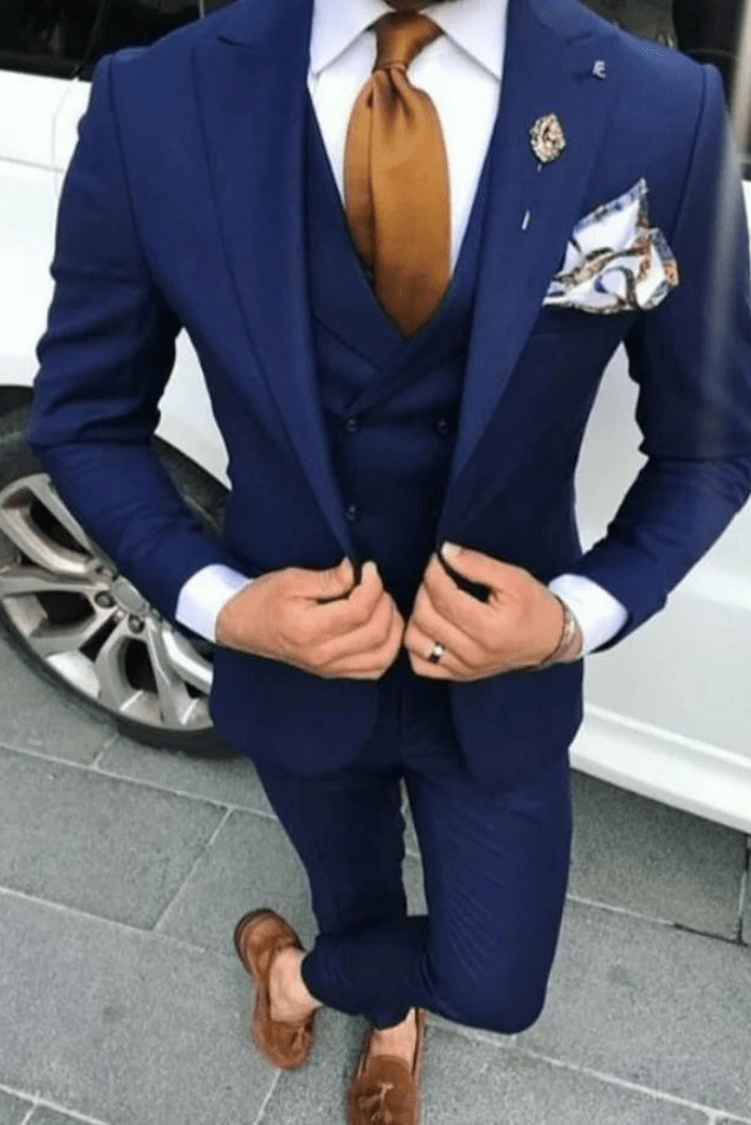 SAINLY Men's Three Piece Suit 32 / 26 Men's Blue Suits 3 Piece Slim Fit Formal Fashion Wedding Suit For Bespoke Tailoring
