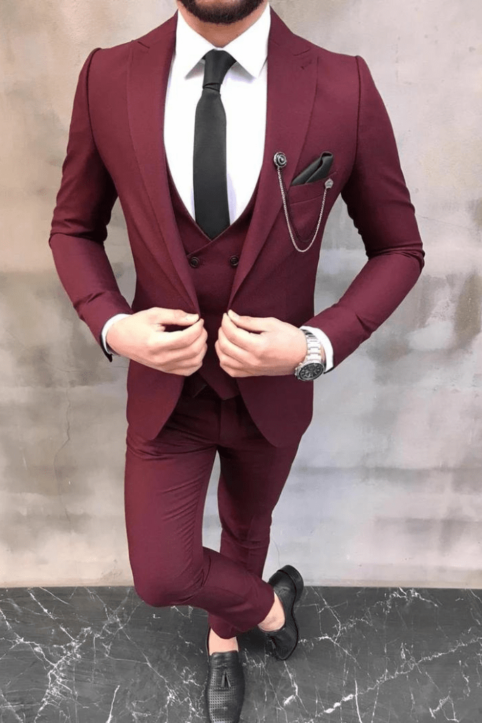 SAINLY Men's Three Piece Suit 32 / 26 Men's Premium Burgundy 3 Piece Slim Fit Suit Wedding Party Suit for Men