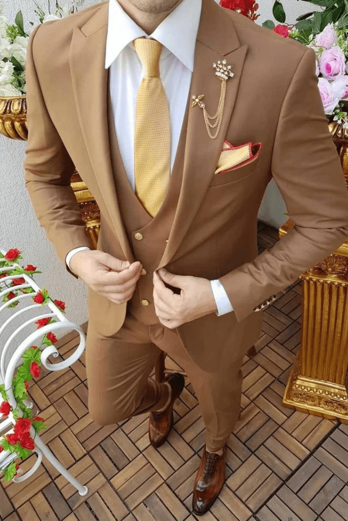 Men s Premium Carmel Brown Designer 3 Piece Slim Fit Suit Wedding Party Suit for Men