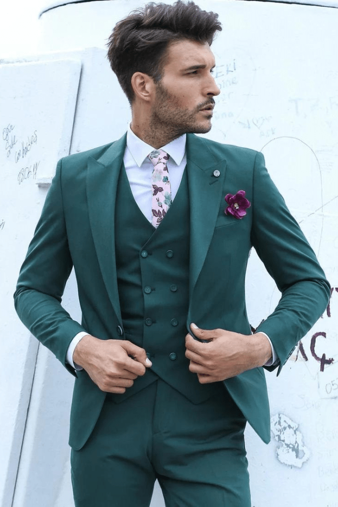 Men's Premium Teal Green Designer 3 Piece Slim Fit Suit for Men 46 / 32