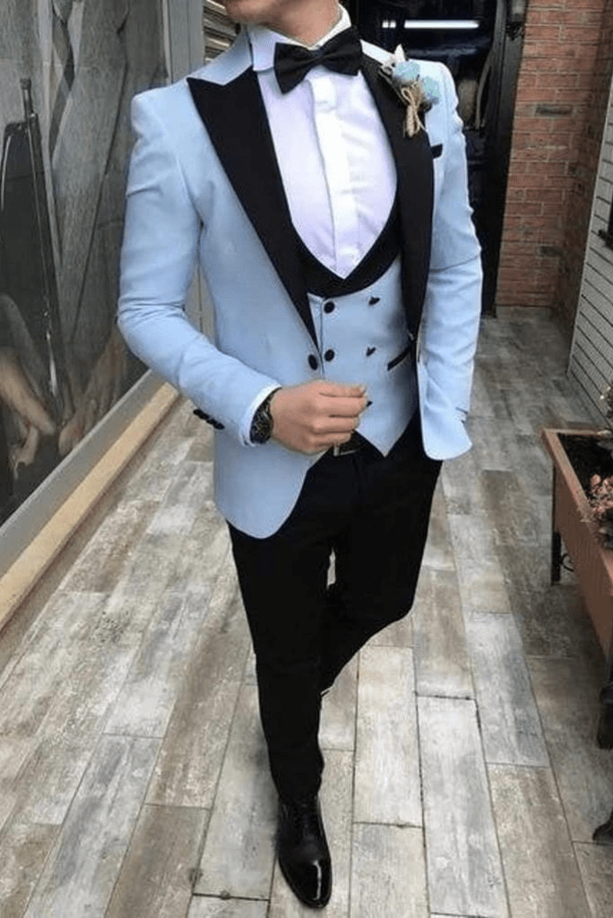 SAINLY Men's Three Piece Suit 32 / 26 Men's Premium Sky Blue with Black Combination Designer 3 Piece Slim Fit Suit Bespoke Tailoring