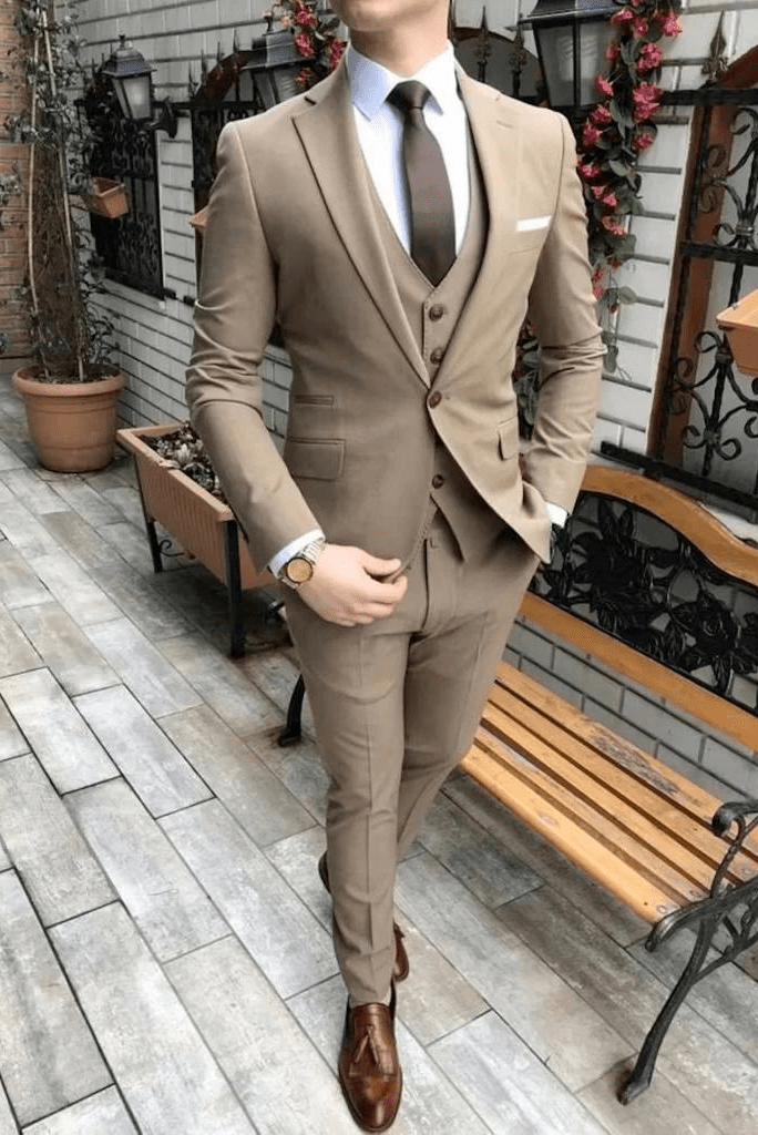 Beige Slim Fit Plaid Groom Suit for men by BespokeDailyShop