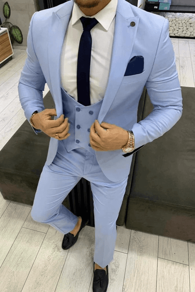 Elegant Sky Blue 3-Piece Embroidered Suit Set
