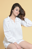 SAINLY Shirts & Tops S / White Women Cotton White Shirt, Crochet Lace Eyelet White Long Sleeve Blouse For Women & Girl