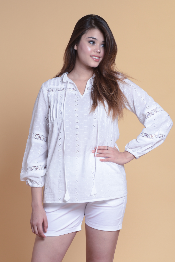 SAINLY Shirts & Tops Women Cotton White Shirt, Crochet Lace Eyelet White Long Sleeve Blouse For Women & Girl