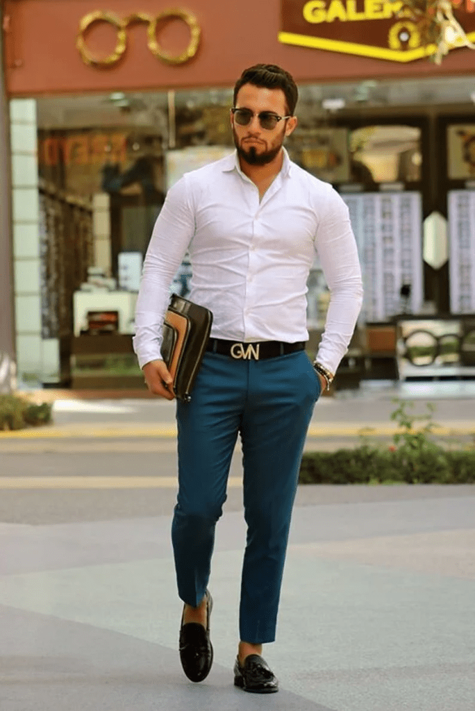 Blue Dress Pants White Shirt | Dress Shirt with Blue Pants | SAINLY S Blue Dress Pants White Shirt | Dress Shirt with Blue Pants | SAINLY S