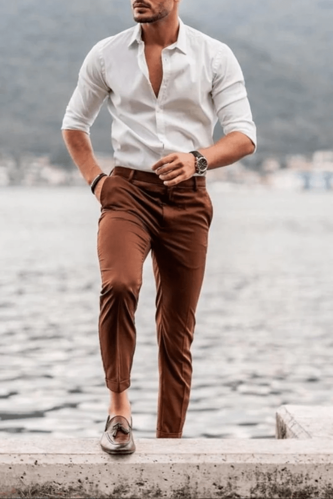 SAINLY XXS Men elegant white shirt brown trouser for office wear, mens formal shirt and pants for wedding shirt and pants for groomsmen white men shirt